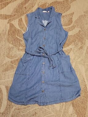 Soft Surroundings Sleeveless Button-Front Jean Dress with Tie Waist - Blue